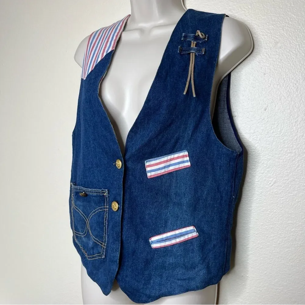 Vintage Handmade Blue Denim Western Two Button Vest Stripe Contrast Women Medium